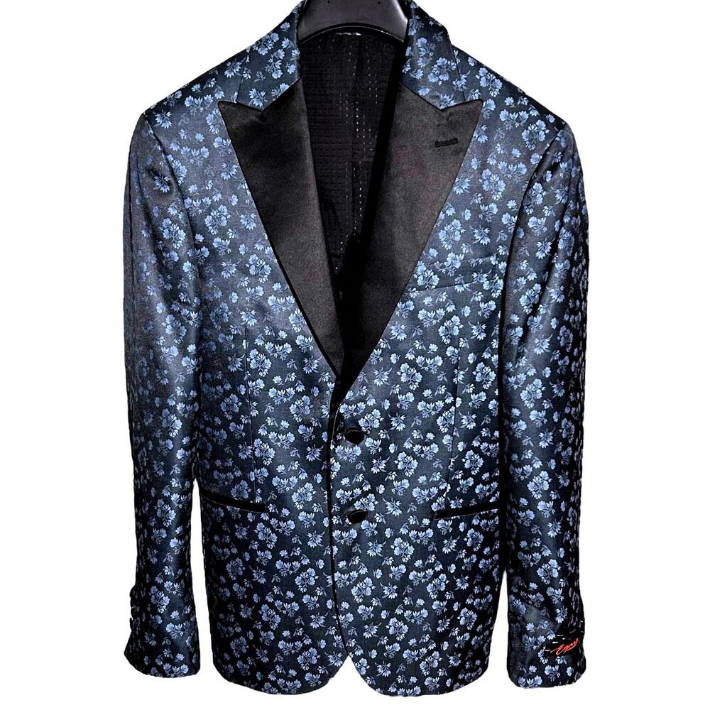 EGARA Mens (38 Short) Slim Fit Black/Blue Floral 2-Button Dinner Jacket - Lined